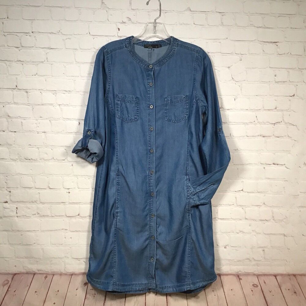 Prana Denim Dress size Medium Button Front Long Sleeve Roll Tab Mandarin Collar